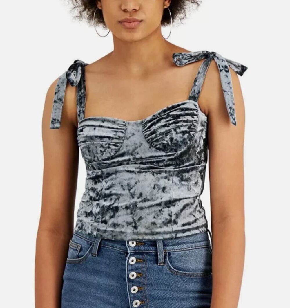 Leyden Velvet Bustier Top Medium Gray Sleeveless Ruched Tie Shoulder Coquette